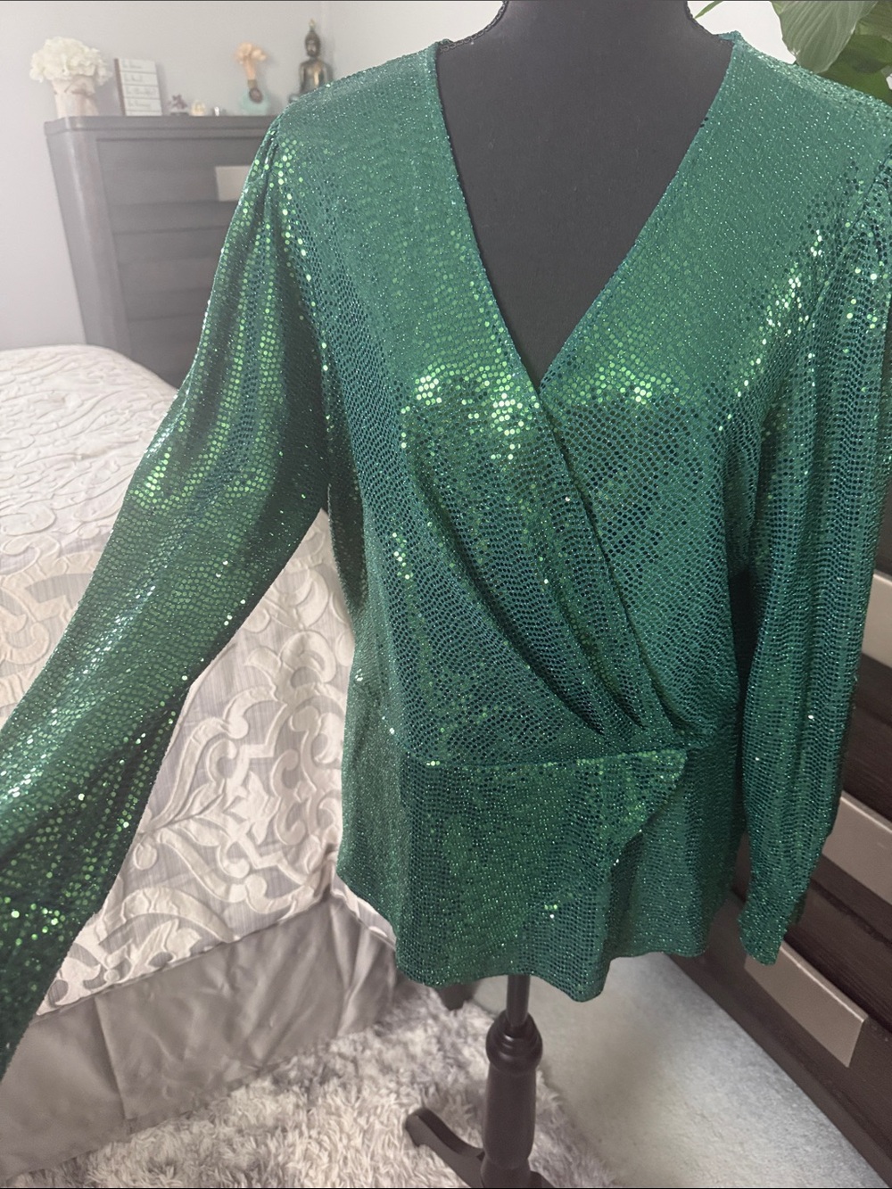 Vince Camuto Emerald Green Sequin Wrap Long Sleeve Top
